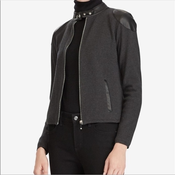 Lauren Ralph Lauren Jackets & Blazers - Lauren Ralph Lauren Faux Leather Detail Long Sleeve Front Zip Moto‎ Jacket